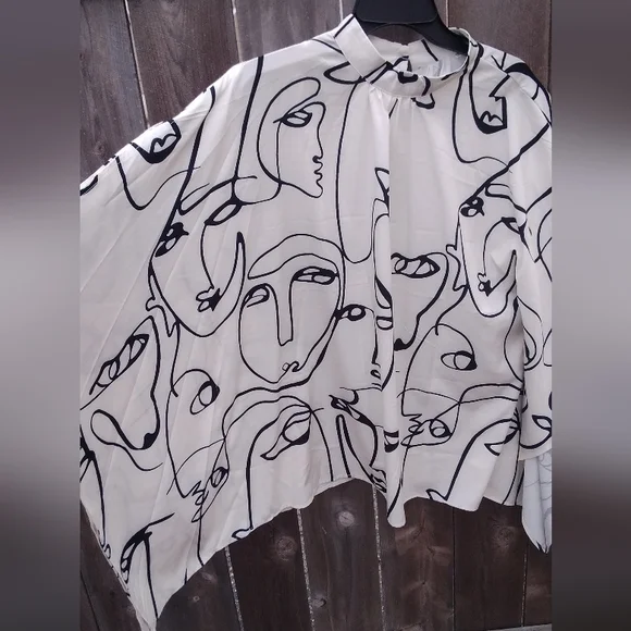 Womens Plus 3X Blouse Kimono Top Shirt Silky Pullover Faces Print - Picture 3 of 5